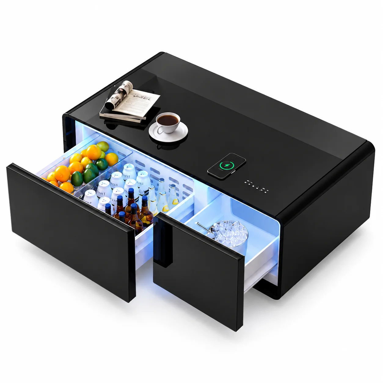 MESA DE CENTRO INTELIGENTE COM GAVETAS REFRIGERADAS — CARREGAMENTO SEM FIOS, SOM INTEGRADO E DESIGN MODERNO PARA UMA SALA MAIS TECNOLÓGICA