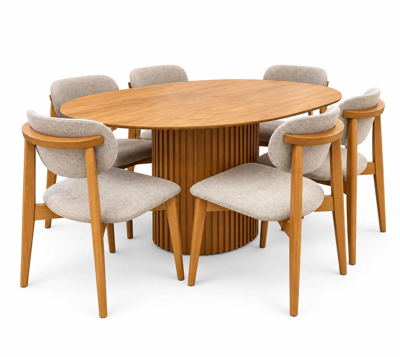 CONJUNTO DE JANTAR PREMIUM — MESA OVAL COM BASE RIPADA E CADEIRAS ESTOFADAS