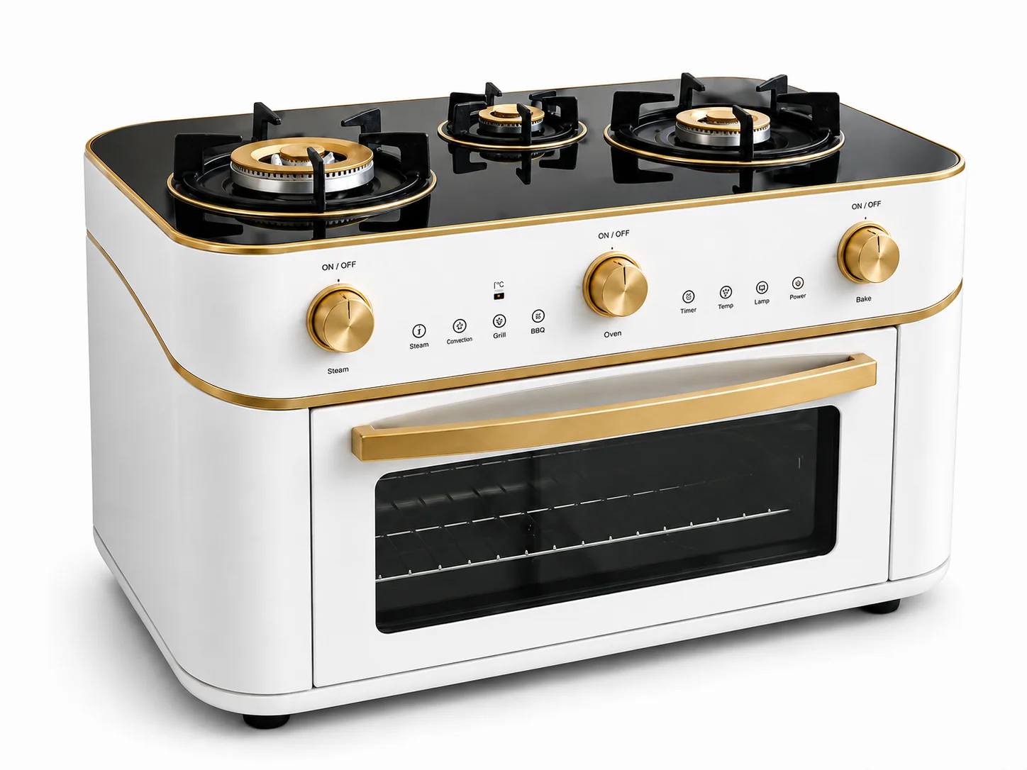 FOGÃO DE MESA PORTÁTIL 3 BOCAS COM FORNO INTEGRADO — DESIGN COMPACTO, ACABAMENTO DOURADO E MAIS PRATICIDADE PARA COZINHAR E ASSAR