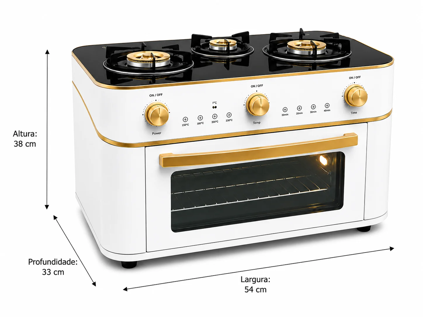 FOGÃO DE MESA PORTÁTIL 3 BOCAS COM FORNO INTEGRADO — DESIGN COMPACTO, ACABAMENTO DOURADO E MAIS PRATICIDADE PARA COZINHAR E ASSAR