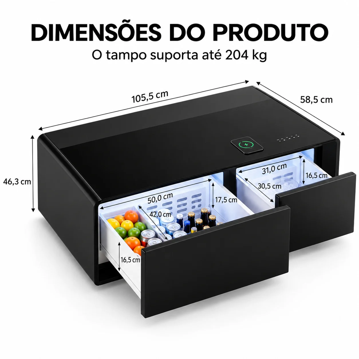 MESA DE CENTRO INTELIGENTE COM GAVETAS REFRIGERADAS — CARREGAMENTO SEM FIOS, SOM INTEGRADO E DESIGN MODERNO PARA UMA SALA MAIS TECNOLÓGICA
