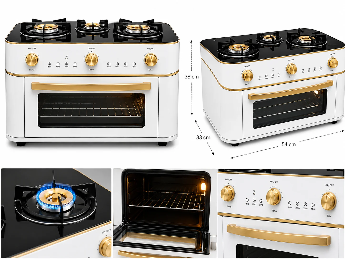 FOGÃO DE MESA PORTÁTIL 3 BOCAS COM FORNO INTEGRADO — DESIGN COMPACTO, ACABAMENTO DOURADO E MAIS PRATICIDADE PARA COZINHAR E ASSAR