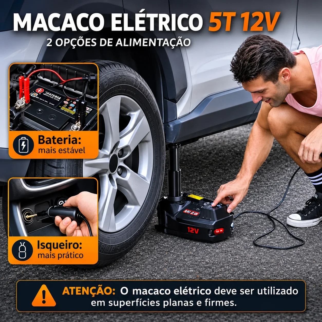 KIT MACACO HIDRÁULICO ELÉTRICO STANDTALL 5 TONELADAS 12 V COM CHAVE DE IMPACTO E LUZ LED — MUDE PNEUS COM RAPIDEZ, SEGURANÇA E SEM ESFORÇO