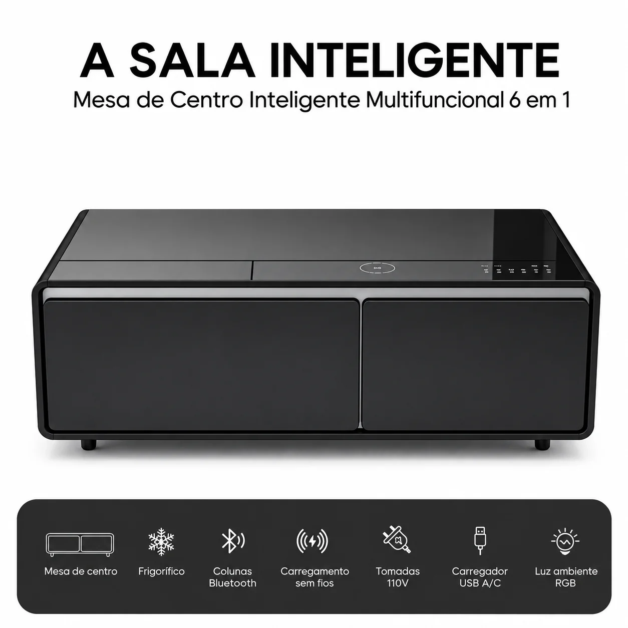 MESA DE CENTRO INTELIGENTE COM GAVETAS REFRIGERADAS — CARREGAMENTO SEM FIOS, SOM INTEGRADO E DESIGN MODERNO PARA UMA SALA MAIS TECNOLÓGICA
