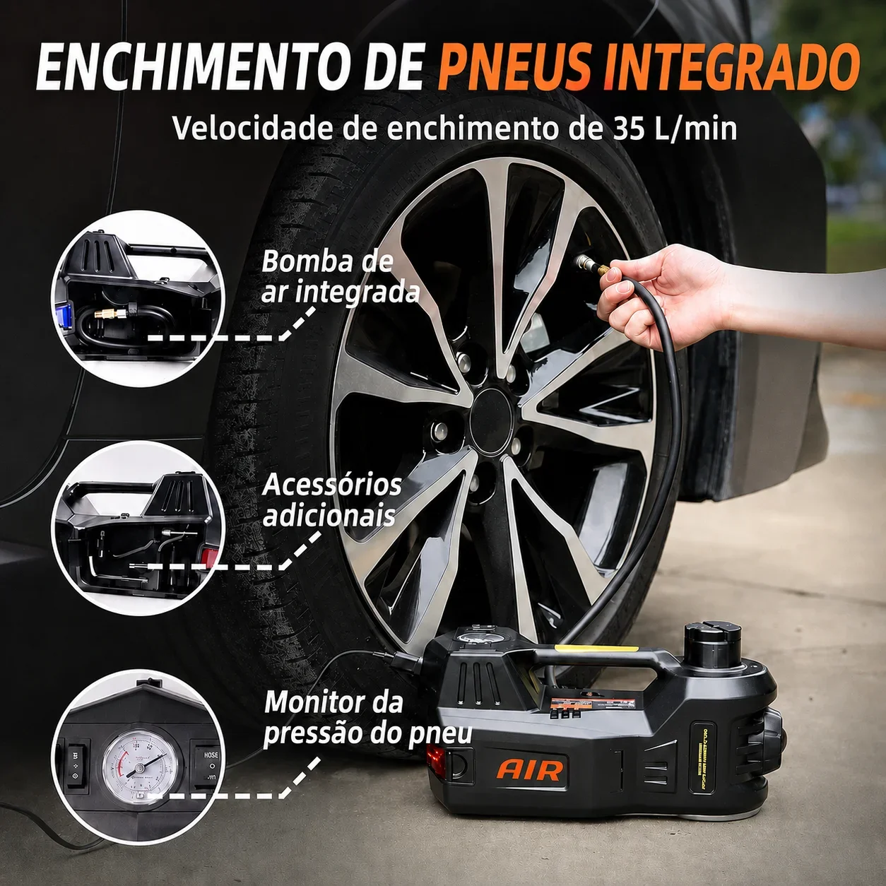 KIT MACACO HIDRÁULICO ELÉTRICO STANDTALL 5 TONELADAS 12 V COM CHAVE DE IMPACTO E LUZ LED — MUDE PNEUS COM RAPIDEZ, SEGURANÇA E SEM ESFORÇO