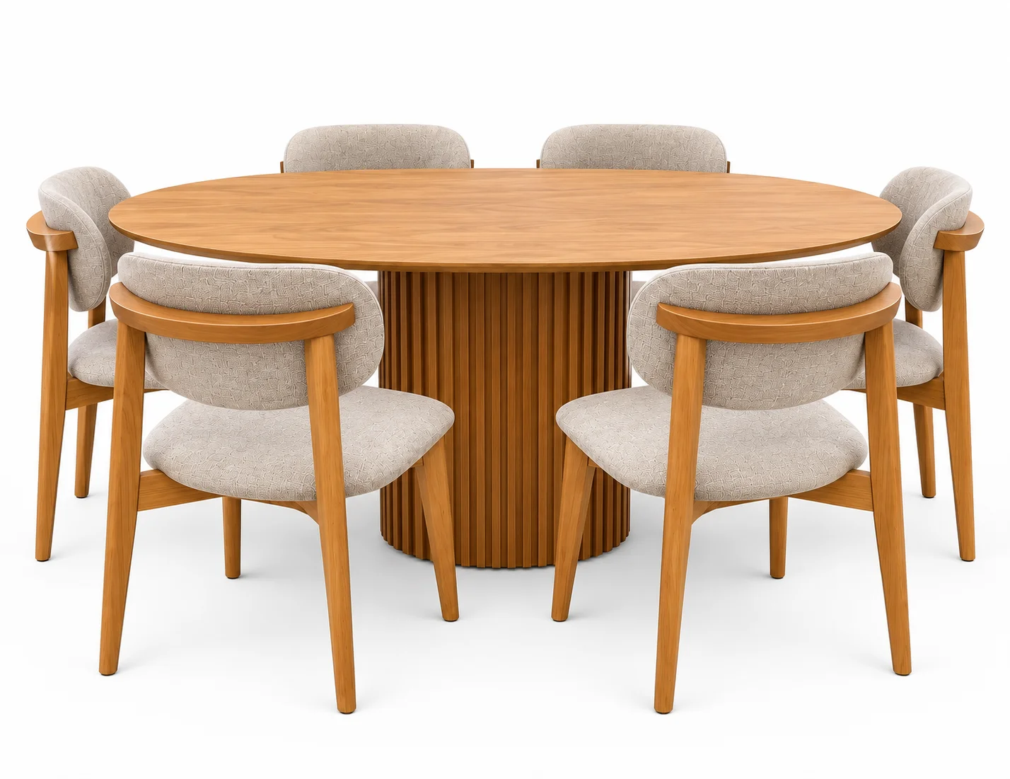 CONJUNTO DE JANTAR PREMIUM — MESA OVAL COM BASE RIPADA E CADEIRAS ESTOFADAS
