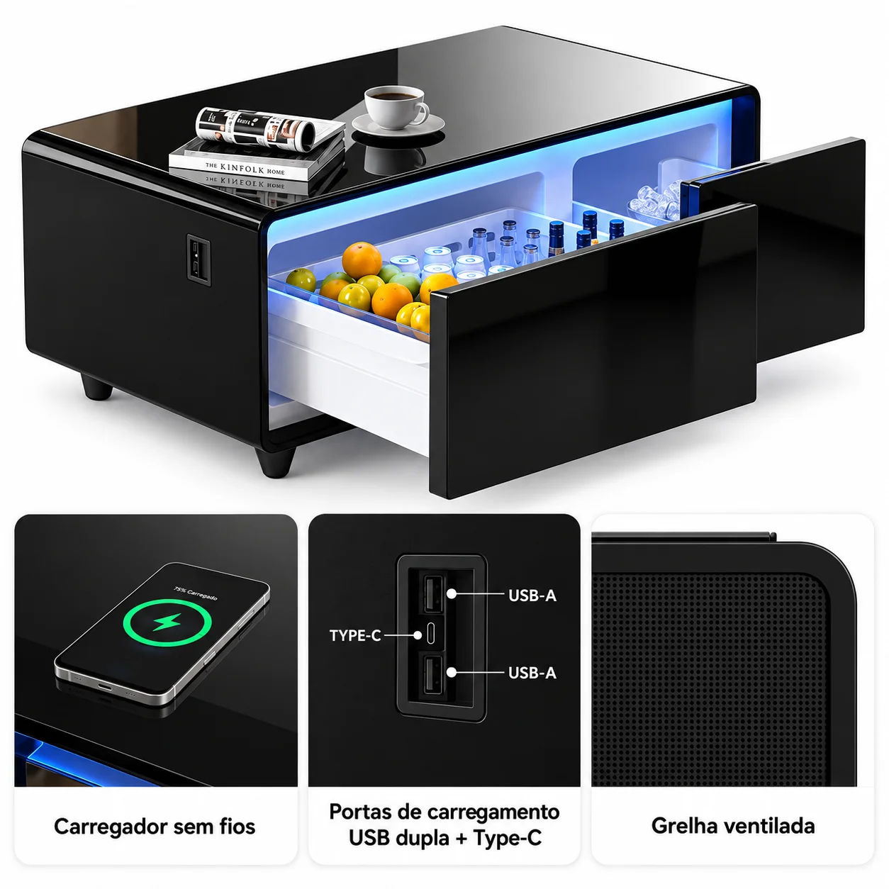 MESA DE CENTRO INTELIGENTE COM GAVETAS REFRIGERADAS — CARREGAMENTO SEM FIOS, SOM INTEGRADO E DESIGN MODERNO PARA UMA SALA MAIS TECNOLÓGICA