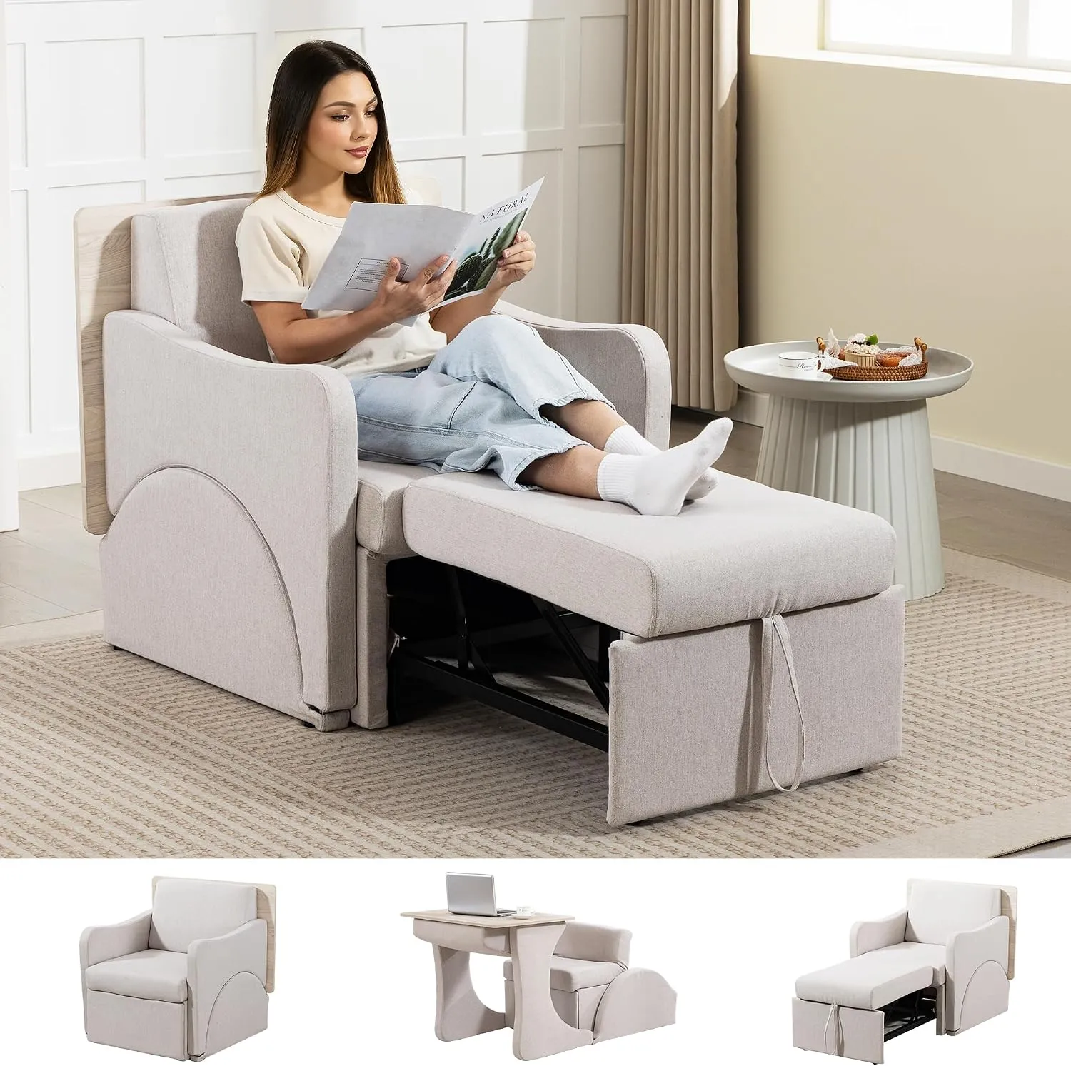 Sofá-Cama 3 em 1 com Encosto Regulável em 6 Posições
