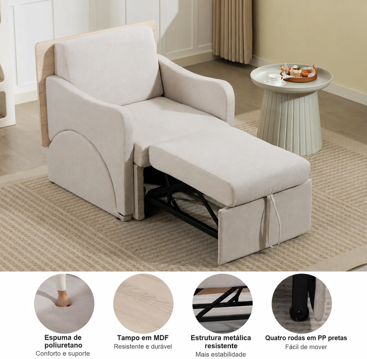 Sofá-Cama 3 em 1 com Encosto Regulável em 6 Posições