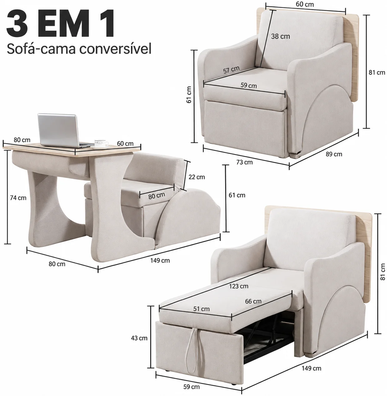 Sofá-Cama 3 em 1 com Encosto Regulável em 6 Posições