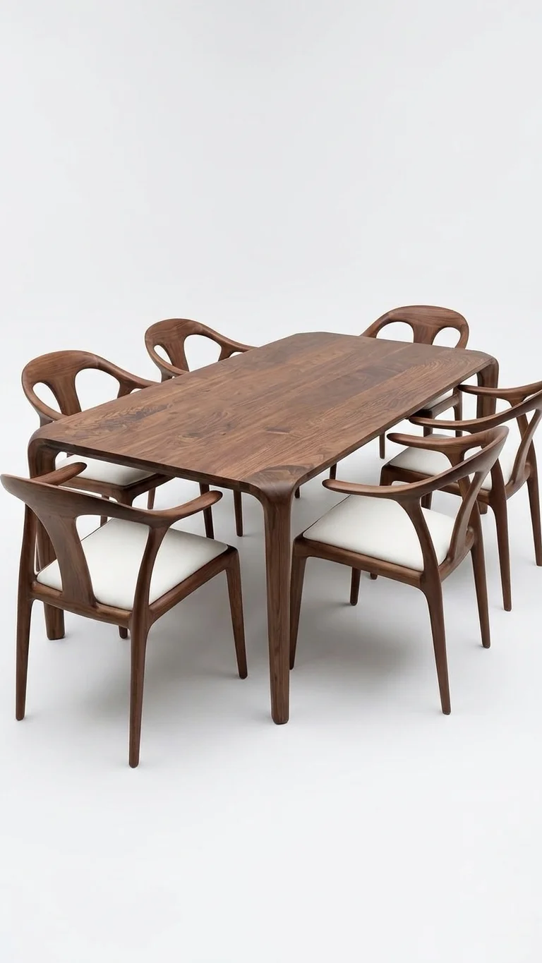 Mesa de Jantar em Nogueira Maciça com Cadeiras Ergonómicas