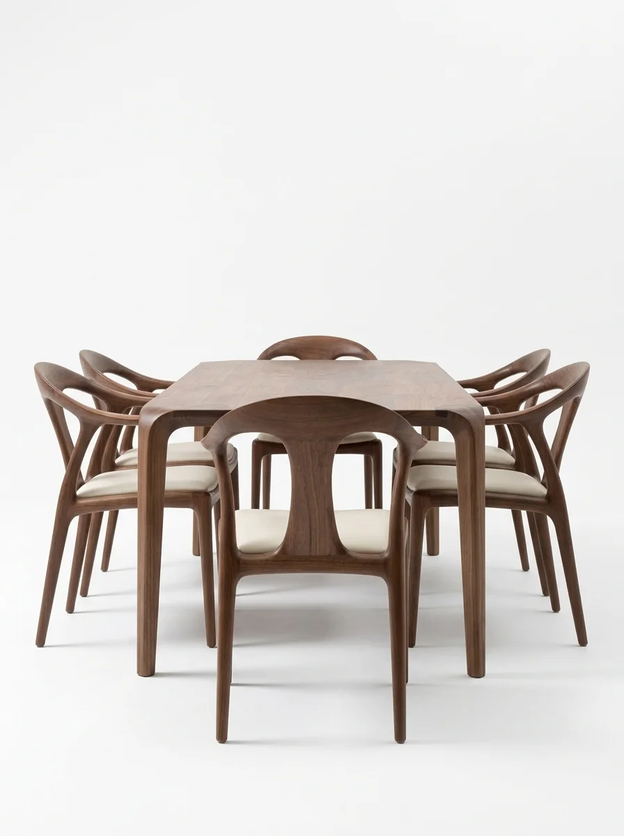 Mesa de Jantar em Nogueira Maciça com Cadeiras Ergonómicas