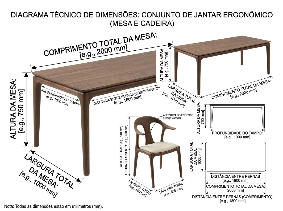 Mesa de Jantar em Nogueira Maciça com Cadeiras Ergonómicas
