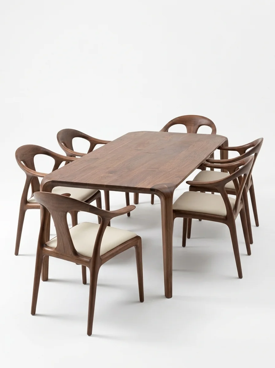 Mesa de Jantar em Nogueira Maciça com Cadeiras Ergonómicas