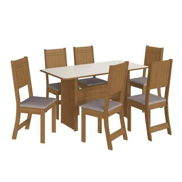Conjunto de Sala de Jantar Atenas — Mesa de 150 cm com 6 Cadeiras Estofadas