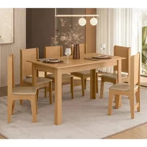 Conjunto de Sala de Jantar Atenas — Mesa de 150 cm com 6 Cadeiras Estofadas