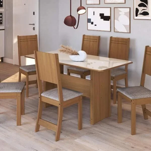 Conjunto de Sala de Jantar Atenas — Mesa de 150 cm com 6 Cadeiras Estofadas