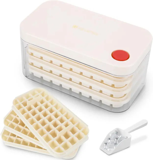 KIT 5 Formas de gelo com capacidade para 150 cubos de gelo - Forma de gelo com tampa - 3 níveis, 1 balde de gelo e 1 pá (bege)