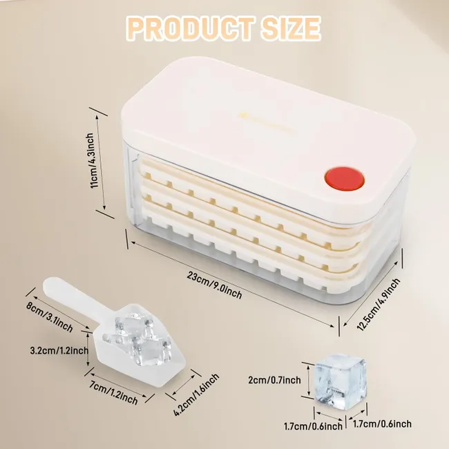KIT 5 Formas de gelo com capacidade para 150 cubos de gelo - Forma de gelo com tampa - 3 níveis, 1 balde de gelo e 1 pá (bege)