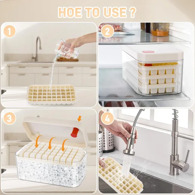 KIT 5 Formas de gelo com capacidade para 150 cubos de gelo - Forma de gelo com tampa - 3 níveis, 1 balde de gelo e 1 pá (bege)