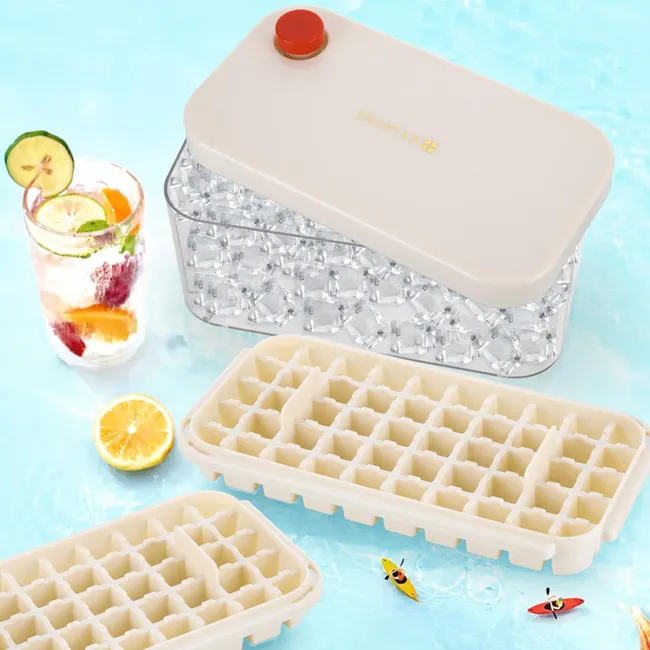 KIT 5 Formas de gelo com capacidade para 150 cubos de gelo - Forma de gelo com tampa - 3 níveis, 1 balde de gelo e 1 pá (bege)