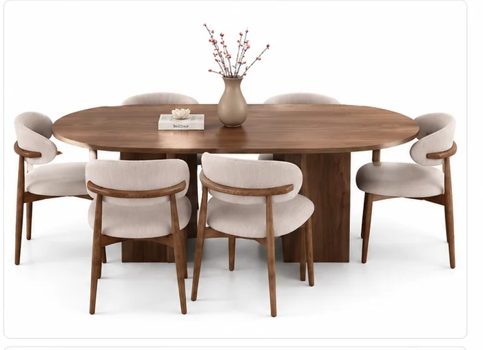 Conjunto de Jantar Oval em Madeira - Mesa de 180 cm com 6 cadeiras Estofadas